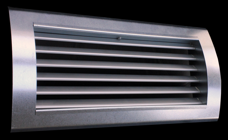 TEP-SR-DK ALUMINIUM ROOSTER MET VLAK UITLOPEND FRONTRAAM VOOR ROND KANAAL MET DEBIETREGELAAR - KANTELTYPE